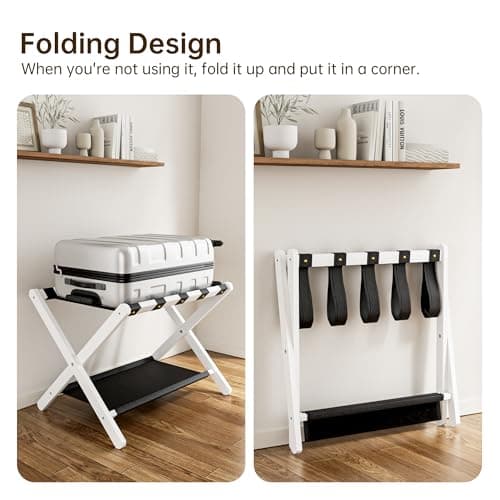 Solid Oak Wood Luggage Rack with Storage, Leather Straps, White, Ideal for Guest Room, Bedroom, Hotel