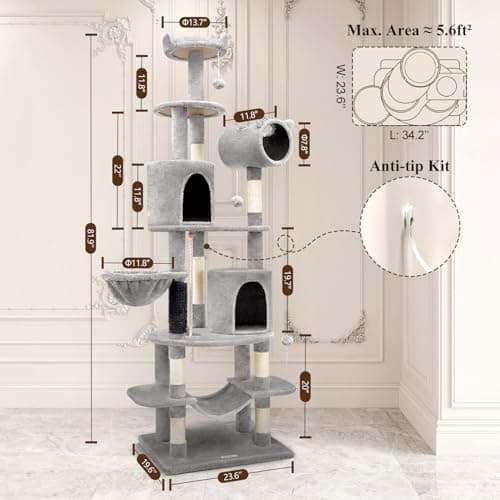 C81 Slim 81-inch Curved Cat Tower for Small Cats, Light Gray
