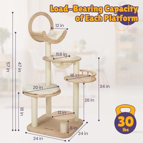 Solid Wood Cat Tree with Hammock, Scratching Posts, and Platforms - 56.3 Multi-Level Cat Tower