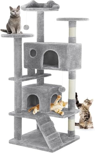 54 Inch Cat Tree Tower, Cozy Hammock & Sisal Scratching Posts, Multi-Level Beige — Light Grey
