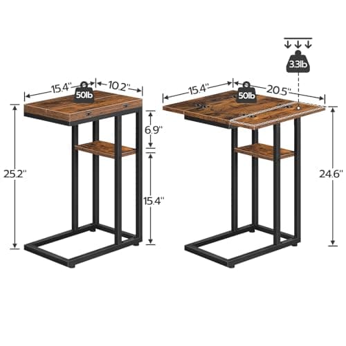 HOOBRO Foldable C-Shaped End Table with Storage, Rustic Brown, BF29SF01