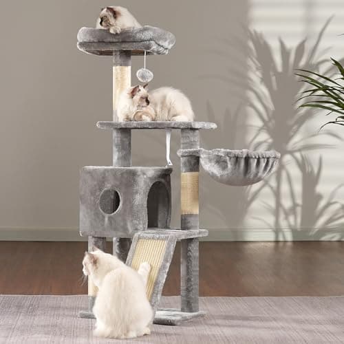 Light Gray MPJ007SW Plush 42.5-Inch Cat Tower with Scratching Post & Hanging Ball