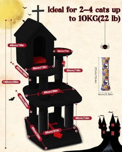 Gothic 55-Inch Cat Tower for Large Indoor Cats with Dual Condos and Scratching Board - Black