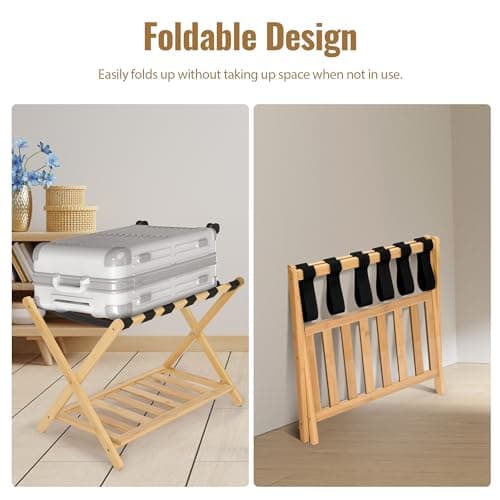 2-Pack Foldable Bamboo Suitcase Stand with Storage Shelf, 6 Nylon Straps, Ideal for Hotel Rooms