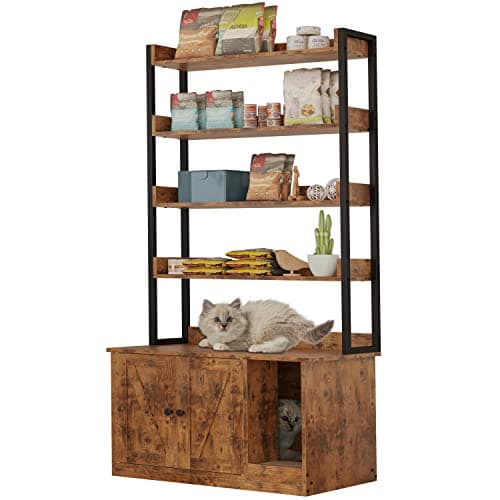 IRONCK Large Wood Cat Litter Box with 4 Shelves & Doors, Hidden Storage, Vintage Brown