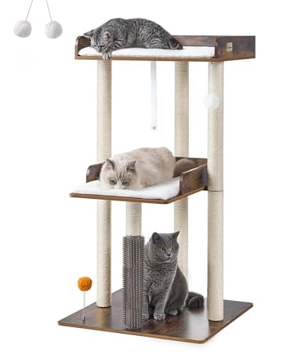 FourFurPets Modern 43.7" Large Cat Tree with Scratching Post and Wooden Perch — Rustic Brown