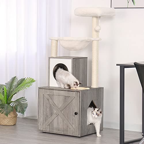 Heybly Cat Tree: Wood Litter Box & Food Station, Modern Indoor Furniture