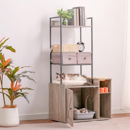 Hey-Brother Cat Litter Box Enclosure with Storage Shelves and Drawers - Rustic Gray MPJ131SG