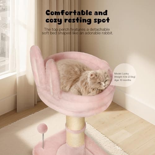 Sisal Cat Scratching Post with Soft Pink Rabbit Bed, Cute Cat Tower for Indoor Cats