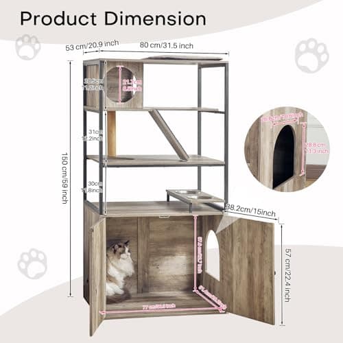 Redlife 5-Level 2-in-1 Cat Tree & Litter Box, Wooden Furniture, Grey