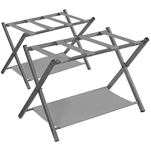 Luggage Rack Set of 2 for Guests, Steel Folding Suitcase Stand with Storage Shelf, Brown — Gray