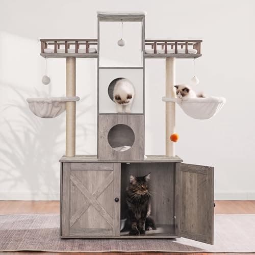 Heybly Cat Tree with Litter Box for Large Cats, Heavy Duty Indoor Cat Condo with Scratching Posts, Rustic Gray HCT110SG