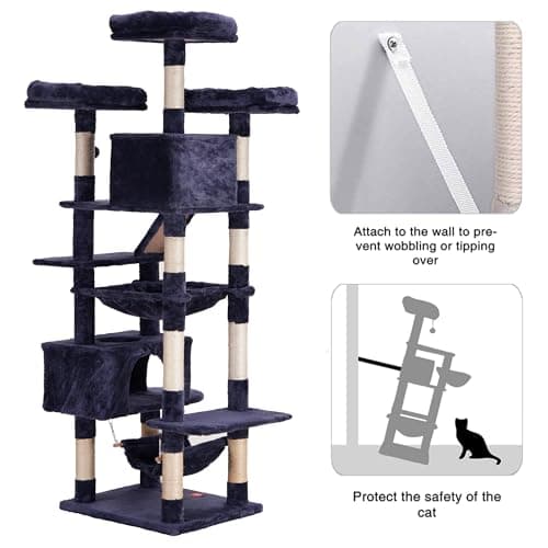 Heybly 73" Tall Smoky Gray Cat Tree for Large Cats, Heavy Duty Condo with Padded Perch and Scratching Posts