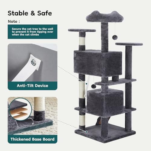 DUMOS 54-inch Multi-Level Indoor Cat Tree with Condos & Scratch Posts – Dark Grey