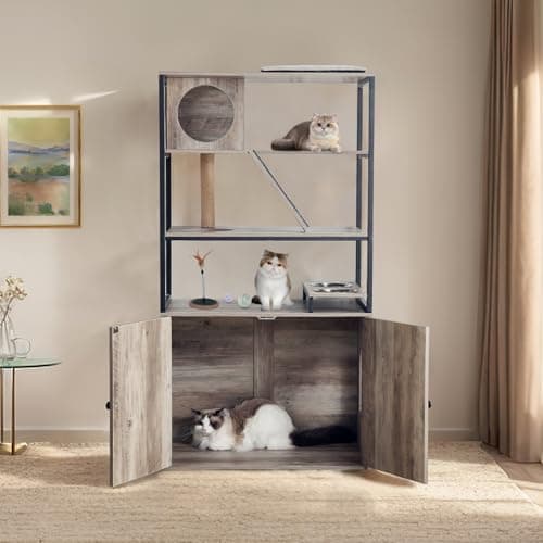 Redlife 5-Level 2-in-1 Cat Tree & Litter Box, Wooden Furniture, Grey