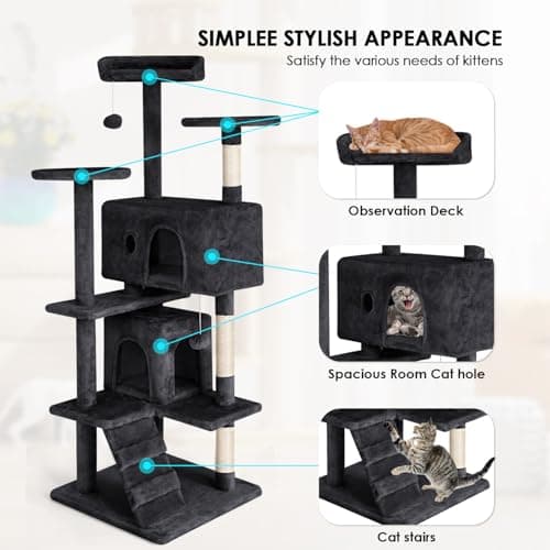 Indoor Cat Tree 53 Inches with Dangling Ball & Funny Toys, Dark Gray