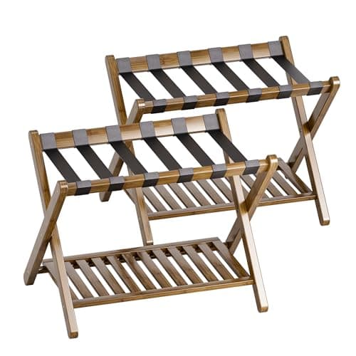 SMIBUY Foldable Bamboo Luggage Rack with Storage, Set of 2 (Natural) — Walnut