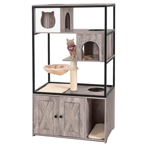 Aivituvin Wooden Cat Washroom with Litter Box, Condo & Storage — Greige