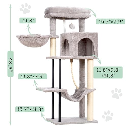 Light Gray 43.3 inch Sturdy Cat Tree Tower for Indoor Cats