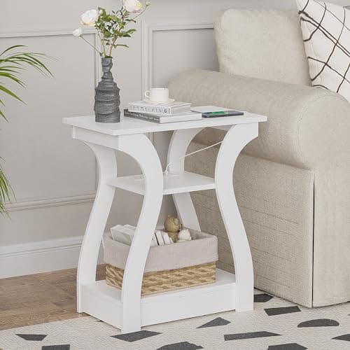 White End Table with Charging Station for Living Room and Bedroom Storage Shelf