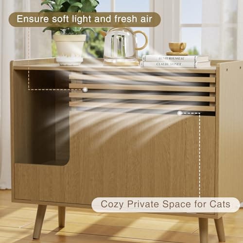 Mid-Century Modern Cat Litter Box with Scratch Pad & Flip-Down Opening 32.8" x 18.7" x 29"H Natural