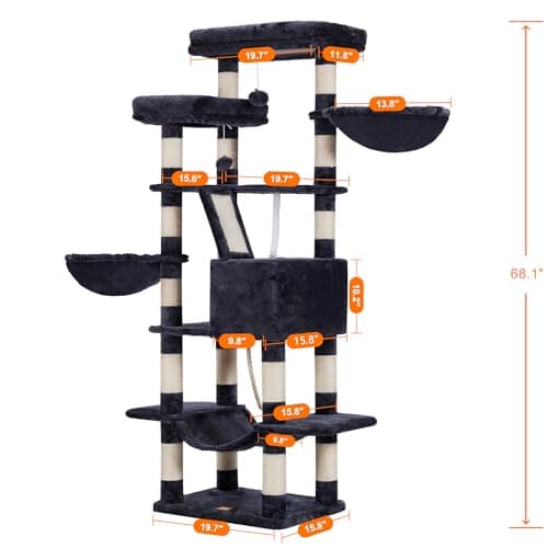 Heybly 68 Inch Multi-Level Cat Tree with Plush Perches and Caves HCT025G