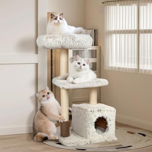Tall Wood Cat Tree with Sisal Posts, 69" Multi-Level Platforms, Heavy Duty for Large Cats — 41” H White