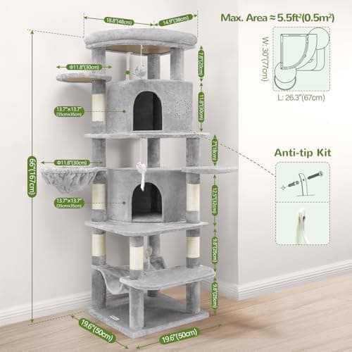 66-inch Tall Curved C66 Cat Tree for Large Cats with 6 Scratching Posts & 2 Condos