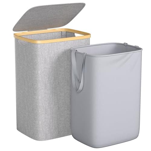 Large 100L Waterproof Laundry Basket, Collapsible with Bamboo Handles, Black — Grey