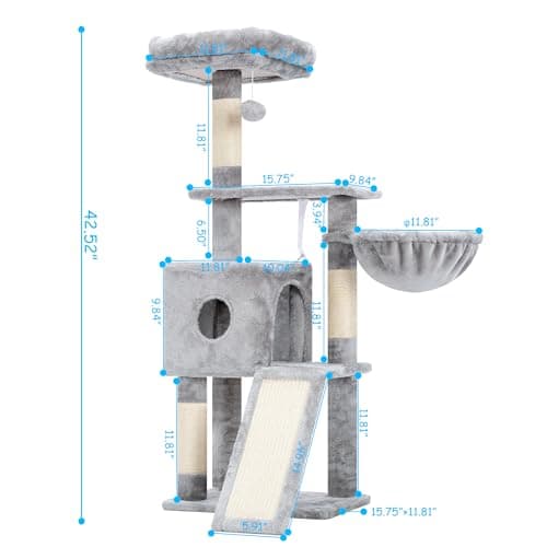 Light Gray MPJ007SW Plush 42.5-Inch Cat Tower with Scratching Post & Hanging Ball