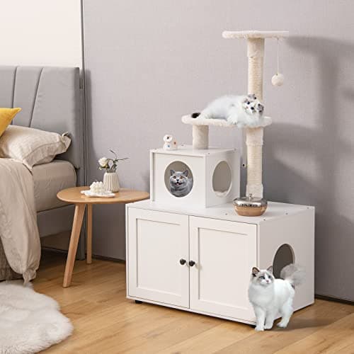 Tangkula 2-in-1 Litter Box with Cat Tree & Hidden Washroom for Indoor Cats (White)