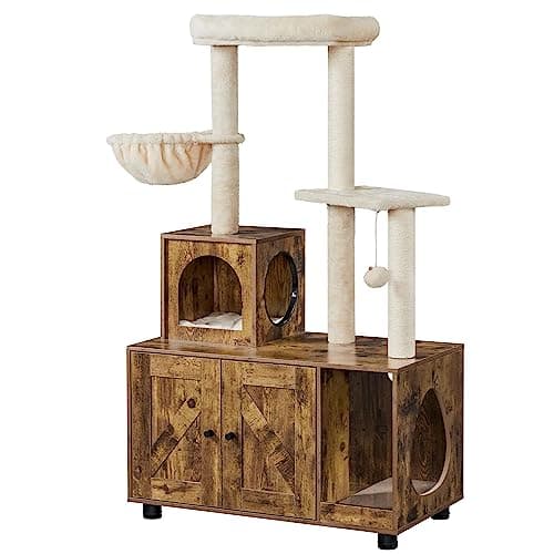 Yaheetech Cat House with Litter Box Enclosure and Tree - All-in-One Wooden Furniture in Rustic Brown/Beige