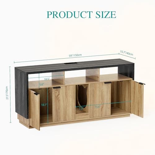 YITAHOME Double Hidden Cat Litter Box for 2 Cats, Gray Oak Enclosure with Outlet & Light