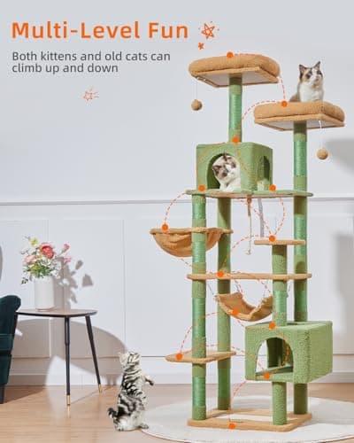 Taoqimiao 71-Inch Multi-Level Cat Tree with 10 Scratching Posts & 2 Caves