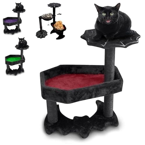 Gothic Cat Tree with Coffin Bed & Toys, 35" Tall Black & Red — Black and Red