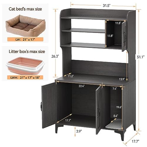 IDEALHOUSE Walnut Wood Cat Litter Box Enclosure with Shelves Doors
