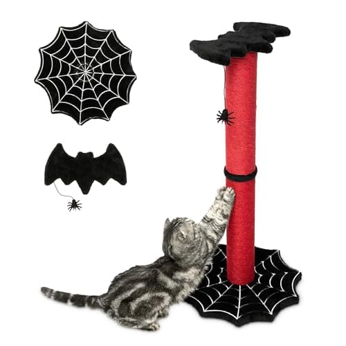 Gothic Cat Scratcher, 34" Sturdy Spider Web Base, Bat Top, Black & Red