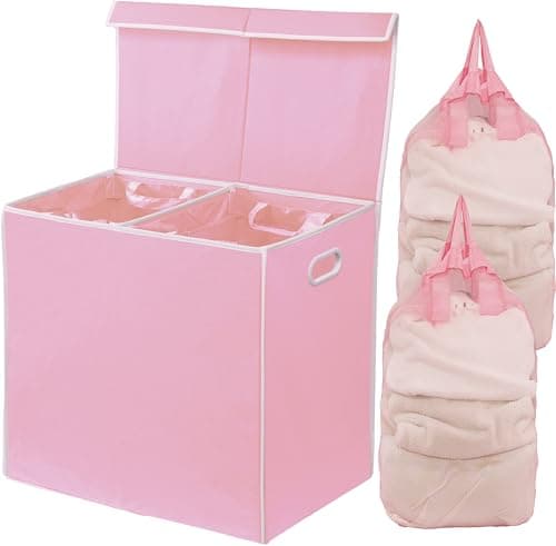 Black Houseware Double Laundry Hamper with Lid & Removable Bags — Pink