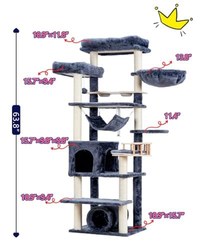 Smoky Gray 64" Tall Cat Tree with Tower, Condo, Food Station, Scratching Post & Hammock GCT021G