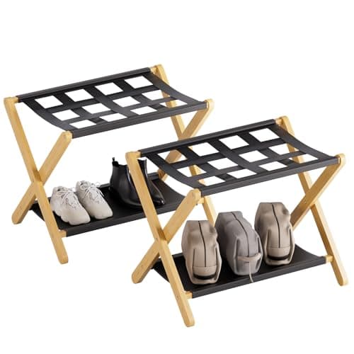 HITNET Black Bamboo Luggage Rack, Suitcase Stand, Pack of 2 — Natural