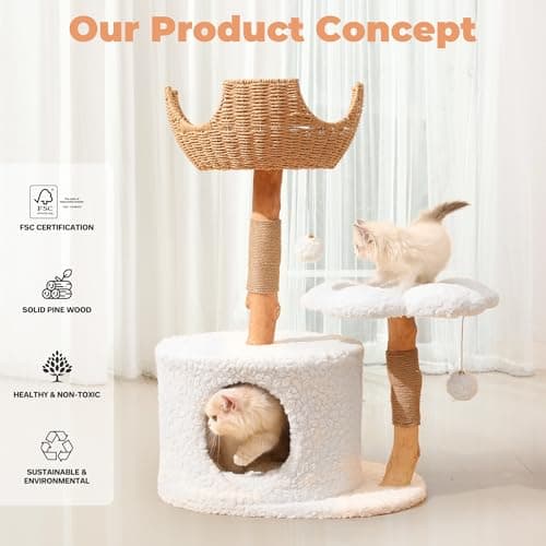 Luxurious White Wood Cat Tree by Easyego with Scratching Posts & Flower Platforms