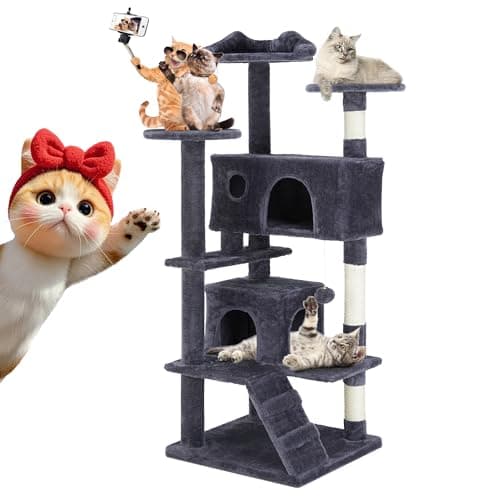 54 Inch Cat Tree Tower, Cozy Hammock & Sisal Scratching Posts, Multi-Level Beige — Dark Gray