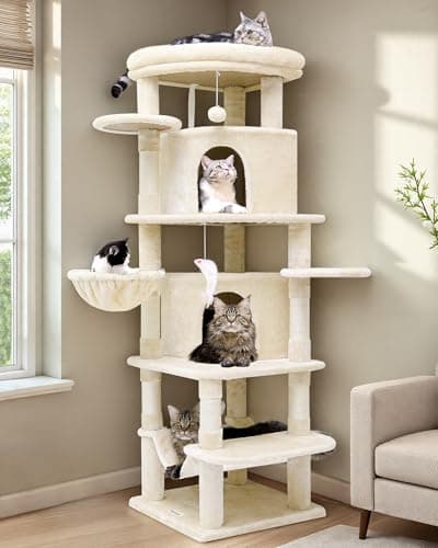 66 Inch Tall Curved C66 Cat Tree with 6 Scratching Posts & Indoor Condos