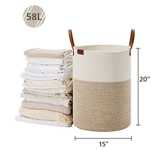 VipoSCO Large White & Brown Woven Laundry Basket for Living Room