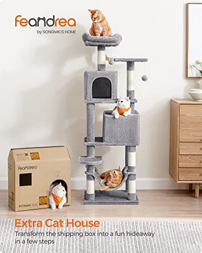 Feandrea 61-Inch Cat Tree for Indoor Cats - Plush Multi-Level Condo with 5 Scratching Posts, 2 Perches, 2 Caves, and Hammock in Light Gray