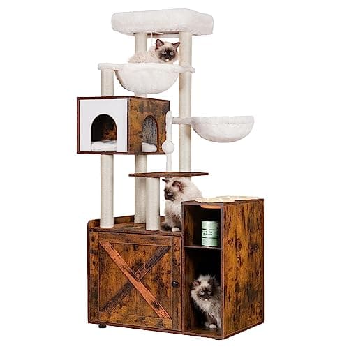 Hey-Brother Cat Tree with XL Litter Box, All-in-One Cat Tower, Modern Rustic Brown MPJ101SR — Rustic Brown