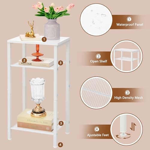 Hoctieon 3-Tier End Table with Storage, White Metal Frame, Living Room & Bedroom