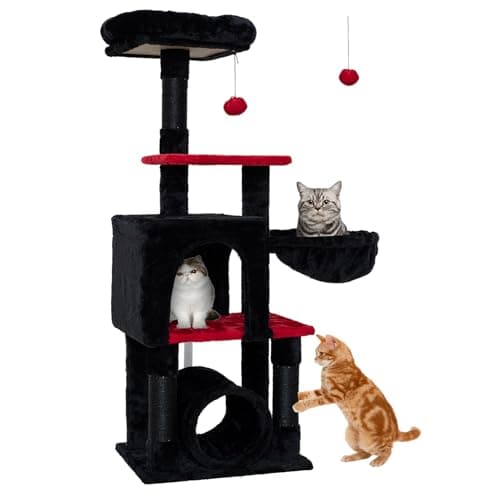 Gothic 49-Inch Cat Tree with 3 Scratching Posts & Tunnel for Indoor Cats — Black & Red