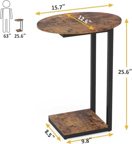 Rustic Brown C-Shaped Wood Side Table with Metal Frame