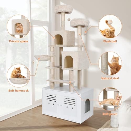 All-in-One Wooden Cat Tree with Litter Box Enclosure, 76.8 Inch Tall Condo with Hammock and Scratching Posts, White